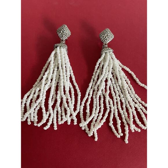 BCBG MaxAzria dangle white Seed beaded Tassel earrings with silver/cz . NWOT - Picture 10 of 15